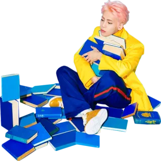 📚 pessoa, livros, sentado, cabelo rosa, jaqueta amarela, azul telegram sticker