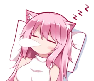 😴 Anime, Sommeil, Oreilles de chat, Oreiller, Repos, Cheveux roses telegram sticker