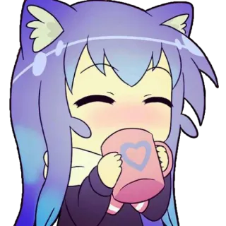 😌 anime, cute, cat girl, kawaii, drinking, heart, mug, cartoon telegram sticker