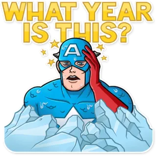 😴 Captain America WHAT YEAR IS THIS? Комикс, Супергерой, Marvel, Капитан Америка, Лёд, Дезориентирован telegram sticker
