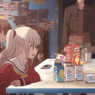 😡 Charlotte Anime, Personagens, Snacks, Bebidas, Mesa whatsapp sticker