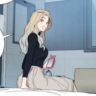 🥢 woman, cartoon, blonde hair, sitting, phone telegram sticker