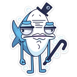 😕 pesce, cappello a cilindro, bastone, cartone animato, personaggio, bolle telegram sticker