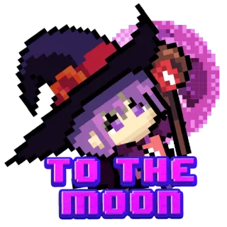 😏 TO THE MOON witch, magic, moon, pixel art, retro, cute, kawaii, hat telegram sticker