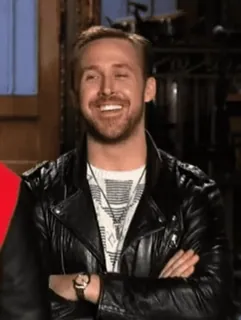 😂 Ryan Gosling Ryan Gosling, acteur, beroemdheid, filmster, portret, leren jas, glimlachend telegram sticker