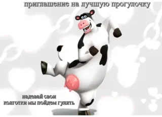🐄 приглашение на лучшую прогулочку надевай свои колготочки мы пойдем гулять cow, cartoon, animal, funny, walking whatsapp sticker