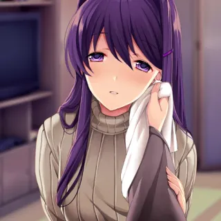 😌 Yuri Doki Doki Literature Club! Anime, Meisje, Schattig, Verdrietig, Lang haar, Paars telegram sticker