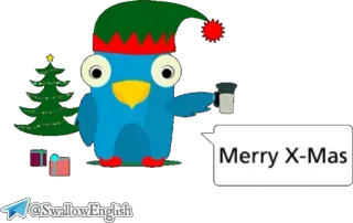💃 Merry X-Mas Natal, Feriado, Festivo, Pássaro, Chapéu de elfo, Presente, Desenho animado, Saudação telegram sticker