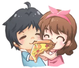 🍕 couple, pizza, eating, cute, cartoon, love, happy whatsapp sticker