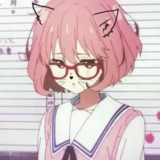 😔 Anime, Katze, Mädchen, Brille, Cartoon, Pinke Haare telegram sticker