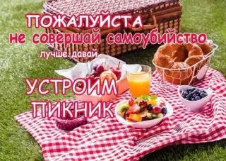 🙏 ПОЖАЛУЙСТА
не совершай самоубийство
лучше давай
УСТРОИМ
ПИКНИК ปิกนิก, อาหาร, ผลไม้, ตะกร้า, หญ้า, รัสเซีย telegram sticker