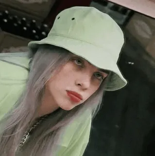 💚 Billie Eilish cantante, musicista, celebrità, popstar, verde, bucket hat, Billie Eilish telegram sticker