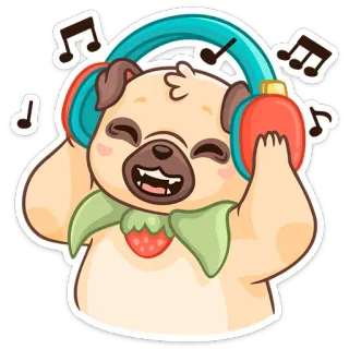 🎧 개, 퍼그, 음악, 헤드폰, 딸기, 만화, 귀여운, 동물 telegram sticker