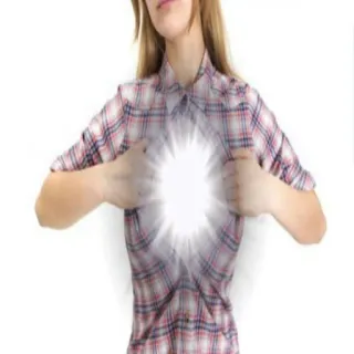 🫦 woman, plaid shirt, glowing, bright light, chest, energy, power, meme telegram sticker