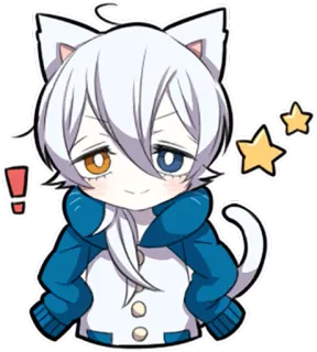 😌 Kot anime, Chibi, Naklejka, Słodki, Białe włosy, Heterochromia telegram sticker