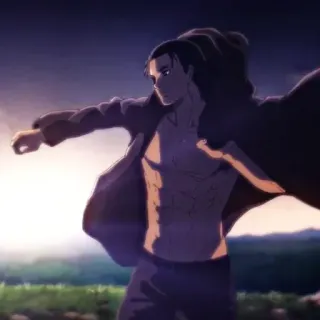 💈 Eren Yeager Attack on Titan Anime, Personagem, Eren Yeager, Ataque dos Titãs, Sem camisa, Masculino, Ao ar livre telegram sticker