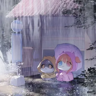 🌧 Anime, Pioggia, Carino, Ombrello, Chibi, Kawaii, Impermeabile, Fermata dell'autobus telegram sticker