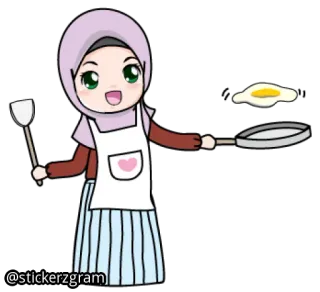 👨‍🍳 cucina, uovo, hijab, ragazza, cartone animato whatsapp sticker