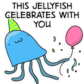 🎉 THIS JELLYFISH CELEBRATES WITH YOU jellyfish, celebration, party, cartoon, balloon, cute, animal, sea telegram sticker