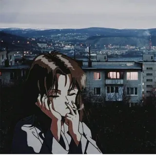 🔌 Fille anime, Fumeur, Paysage urbain, Nuit, Triste telegram sticker