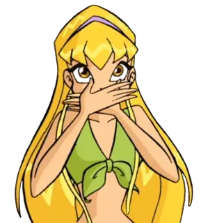 🤭 Stella Winx Club мультфильм, персонаж, девушка, блондинка, Winx Club, Стелла, в шоке, закрытый рот telegram sticker