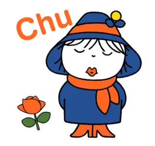 😅 CHU bisou, mignon, dessin animé, fille, fleur, orange, bleu, salutation telegram sticker