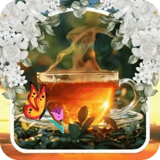 🌅 tea, cup, flowers, butterfly, drink, floral, beverage, peaceful telegram sticker
