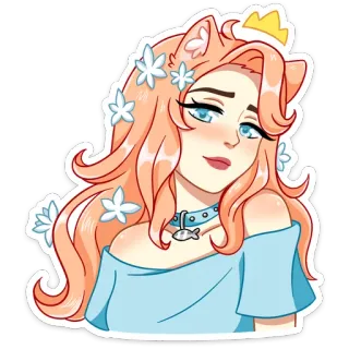 👸 Frau, Katzenohren, Krone, Blumen, Halsband, Fischanhänger, Cartoon telegram sticker