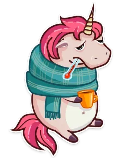 🤒 unicórnio, doente, doença, termômetro, café, cachecol, desenho animado, adesivo whatsapp sticker