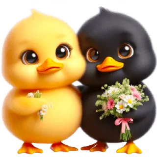 💐 pájaros, pollitos, mono, animales, amarillo, negro, flores, ramo, kawaii, dibujos animados telegram sticker