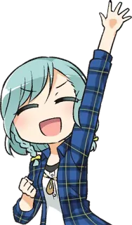 😄 anime girl, cheerful, happy, arm raised, cartoon, blue hair whatsapp sticker