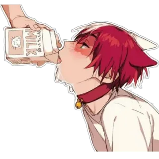 🤤 MILK Anime, Orelhas de gato, Leite, Cabelo ruivo, Coleira, Kawaii, Antropomórfico telegram sticker