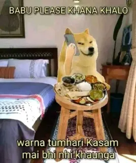 😁 Doge BABU PLEASE KHANA KHALO warna tumhari Kasam mai bhi nhi khaunga doge, meme, food, eating, phone, indian meme, babu telegram sticker