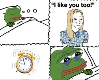 😌 Pepe the Frog “I like you too!” Meme, Rana, Triste, Dibujo animado, Sueño, Despertador, Wojak telegram sticker