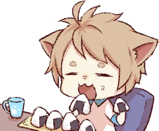 🍙 Аниме, Кот, Онигири, Милый, Ест telegram sticker