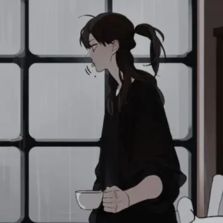 🍢 anime, coffee, ponytail, indoors, window, cup telegram sticker