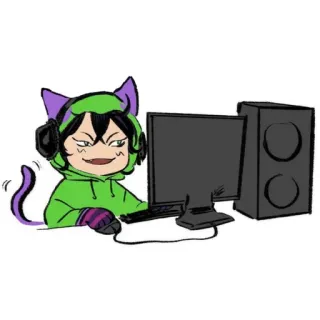 😏 gamer, gato, moletom com capuz, fones de ouvido, computador, anime, desenho animado telegram sticker