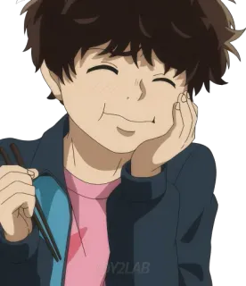 😋 anime, desenho animado, comendo, hashis, sorrindo, feliz, comida telegram sticker