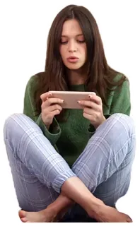 🎮 femme, joue, téléphone, assise, décontracté, intérieur telegram sticker