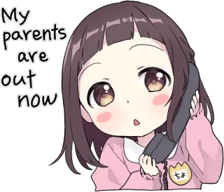 📞 My parents are out now garota anime, desenho animado, telefone, texto, kawaii, cabelo castanho telegram sticker