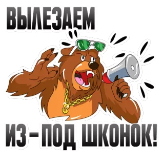 📣 ВЫЛЕЗАЕМ ИЗ-ПОД ШКОНОК! медведь, мегафон, солнцезащитные очки, золотая цепь, животное, мультфильм whatsapp sticker