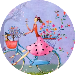 💜 Fahrrad, Hund, Blumen, Mädchen, Cartoon, Rad, skurril, Natur telegram sticker