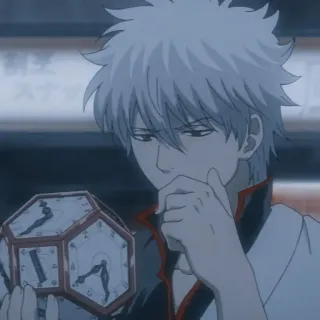 🤨 Gintoki Sakata Gintama Аниме, Мужчина, Белые волосы, Часы, Думает, Гинтама whatsapp sticker