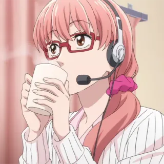 🎀 Anime, Garota, Café, Cabelo rosa, Óculos, Fone de ouvido telegram sticker