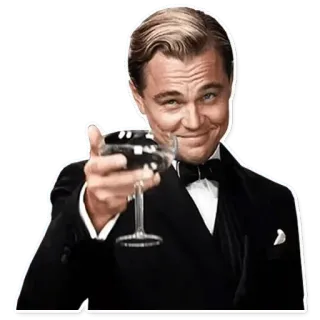 🍸 Jay Gatsby The Great Gatsby Leonardo DiCaprio, Jay Gatsby, The Great Gatsby, cheers, toast, champagne, celebration, meme, smile whatsapp sticker