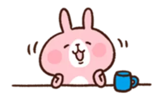 😌 konijn, schattig, roze, kawaii, dier, cartoon, koffie, mok telegram sticker