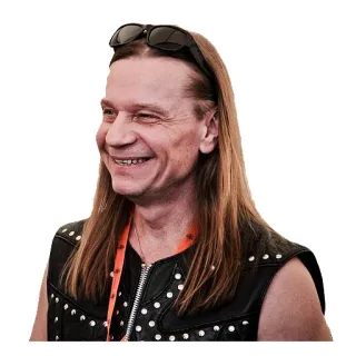 😃 homem, óculos de sol, cabelo comprido, colete de couro, sorrindo telegram sticker