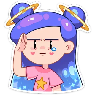😢 kartun, gadis, bintang, rambut biru, hormat, imut telegram sticker