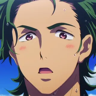 😳 Anime, Homem, Cabelo verde, Corando, Suor telegram sticker