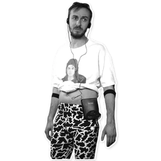 😔 Mann, Kopfhörer, Walkman, T-Shirt, Schwarzweiß, Kassettenspieler, Musik telegram sticker